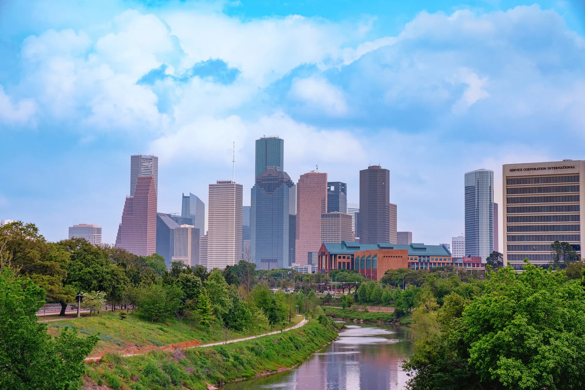 Downtown Houston skyline over Buffalo Bayou Park